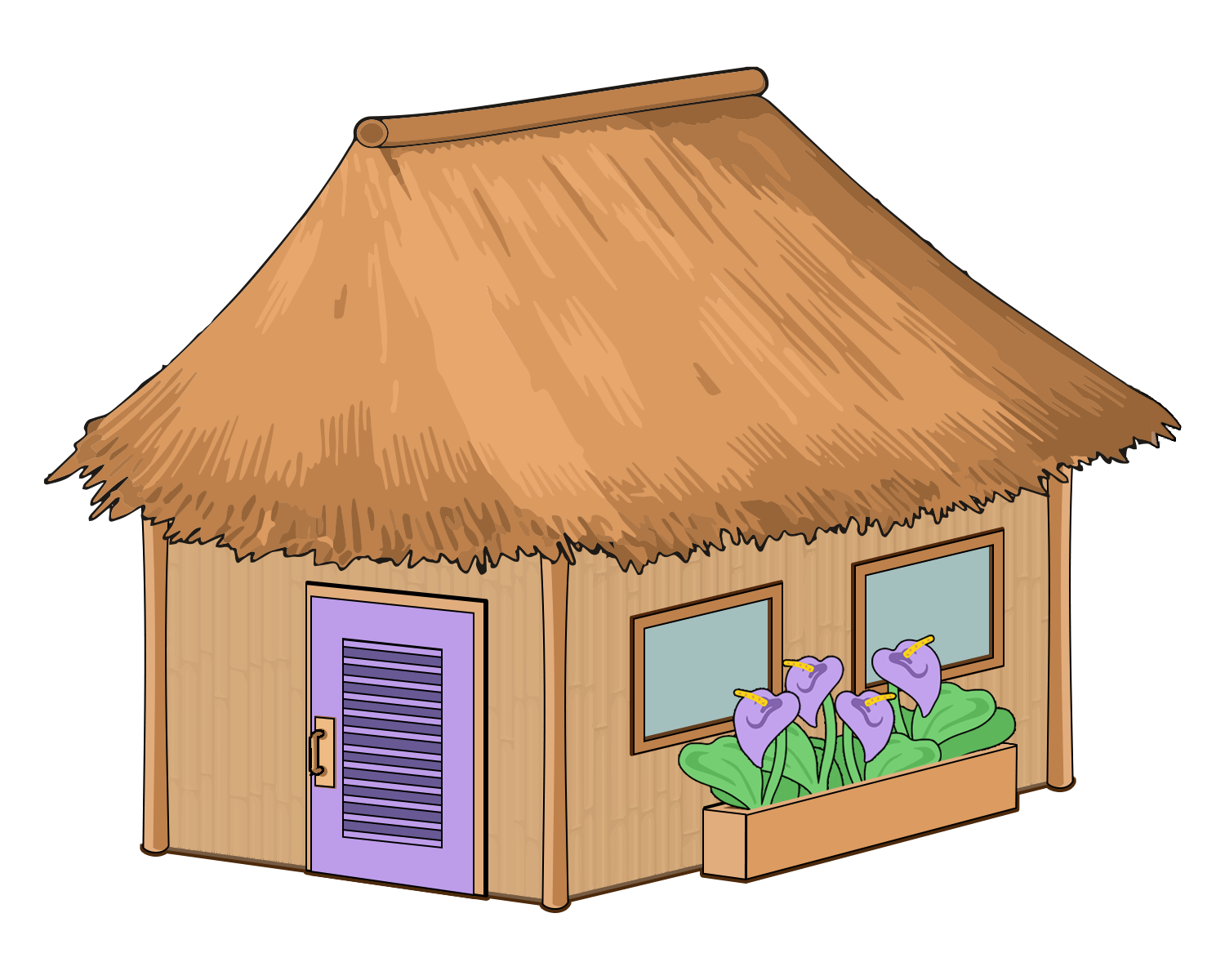 A tropical hut with a grass roof