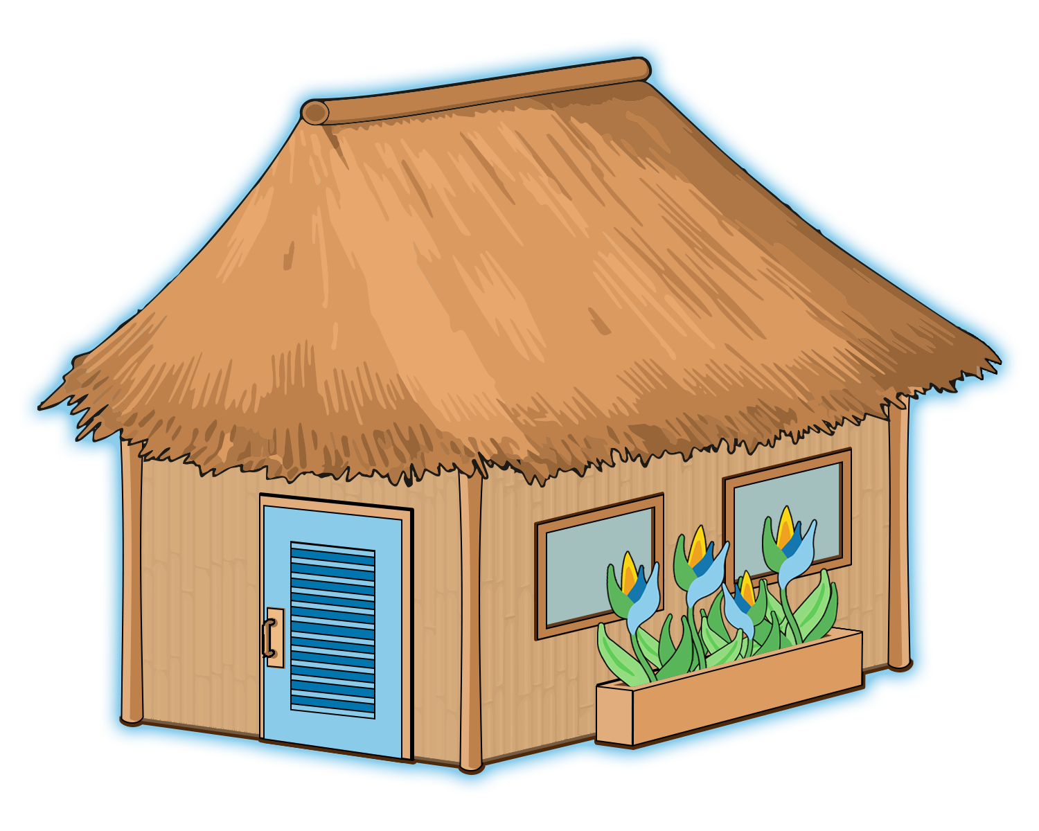 A tropical hut with a grass roof